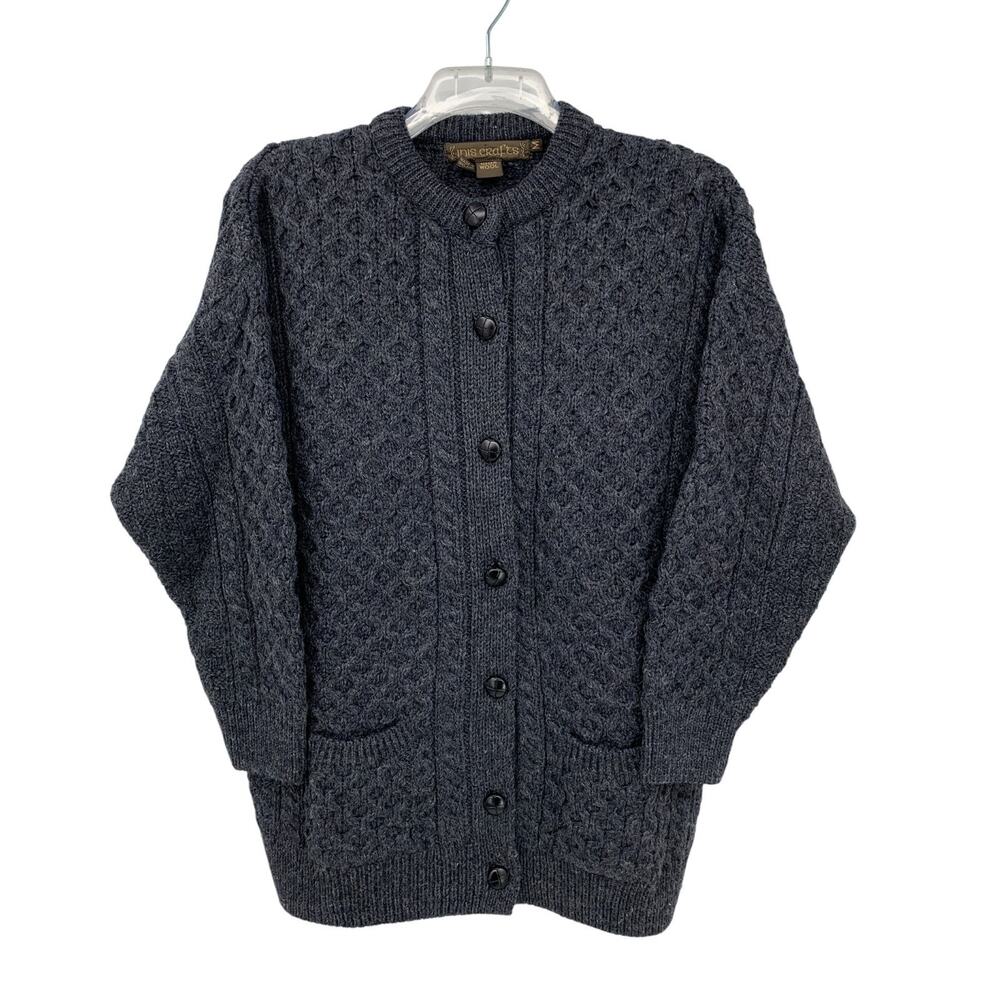 Vintage Inis Crafts Fisherman Cardigan Sweater 100% Wool Womens M